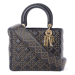 DIOR Calfskin Cannage Studded Medium Supple Lady Dior Black