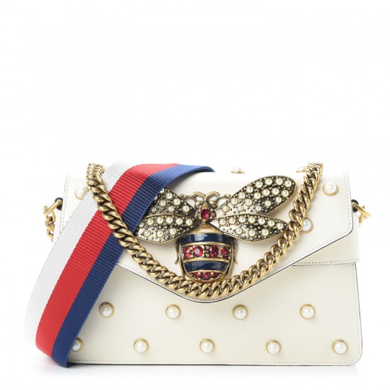 GUCCI Calfskin Pearl Studded Mini Broadway Bee Shoulder Bag White