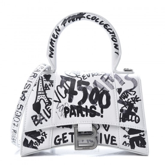 BALENCIAGA Calfskin Graffiti Hourglass Top Handle Bag XS White Black