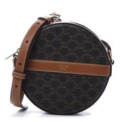 CELINE Lambskin Triomphe Canvas Round Purse On Strap Black Tan