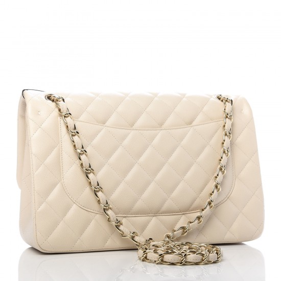 CHANEL Caviar Quilted Jumbo Double Flap Beige Clair