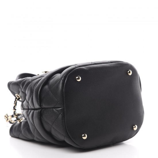 CHANEL Caviar Quilted Rolled Up Bucket Drawstring Bag Black