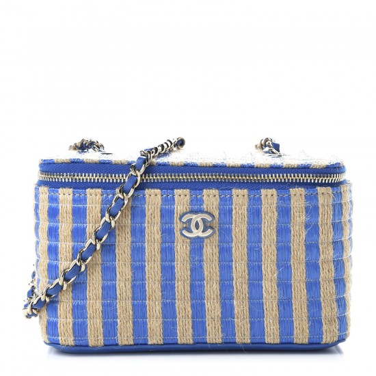 CHANEL Striped Raffia Jute Vanity With Chain Blue Beige