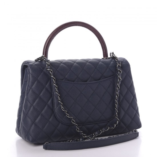 CHANEL Caviar Lizard Quilted Small Coco Handle Flap Navy