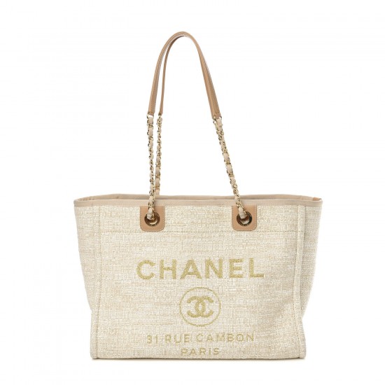 CHANEL Canvas Small Deauville Tote Light Beige