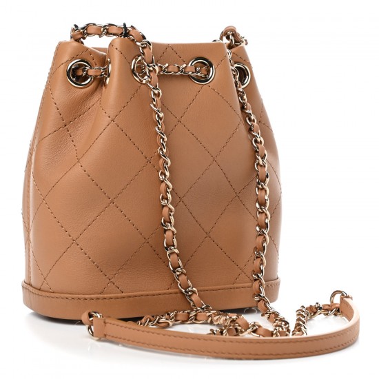 1CHANEL Calfskin Stitched Chain Bucket Bag Camel