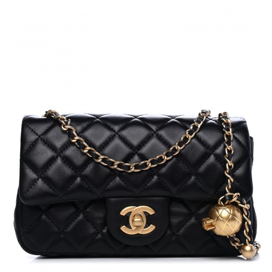 CHANEL Lambskin Quilted CC Pearl Crush Mini Rectangular Flap Black