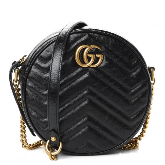 GUCCI Calfskin Matelasse Mini GG Marmont Round Shoulder Bag Black