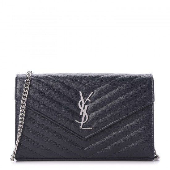 YSL Grain De Poudre Matelasse Chevron Monogram Chain Wallet Deep Marine