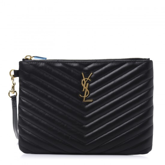 YSL Calfskin Matelasse Chevron Monogram A5 Wristlet Black