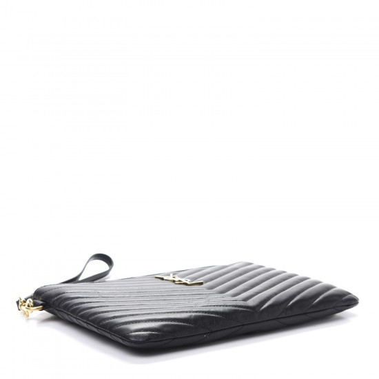 YSL Calfskin Matelasse Chevron Monogram A5 Wristlet Black