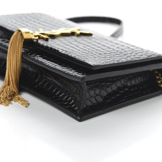 YSL Calfskin Crocodile Embossed Kate Monogram Tassel Chain Wallet Black