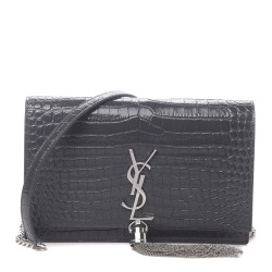 YSL Calfskin Crocodile Embossed Kate Monogram Tassel Chain Wallet Dark Smog