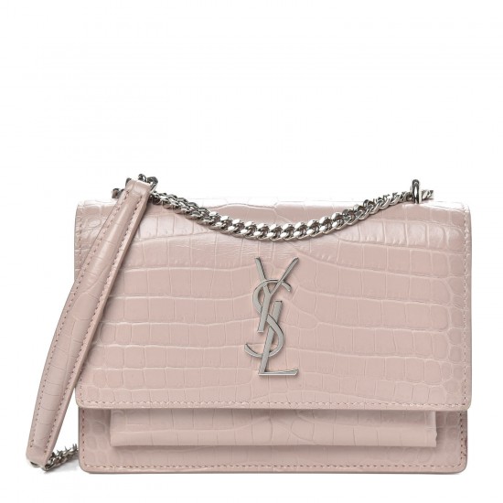 YSL Calfskin Crocodile Embossed Monogram Sunset Chain Wallet Marble Pink